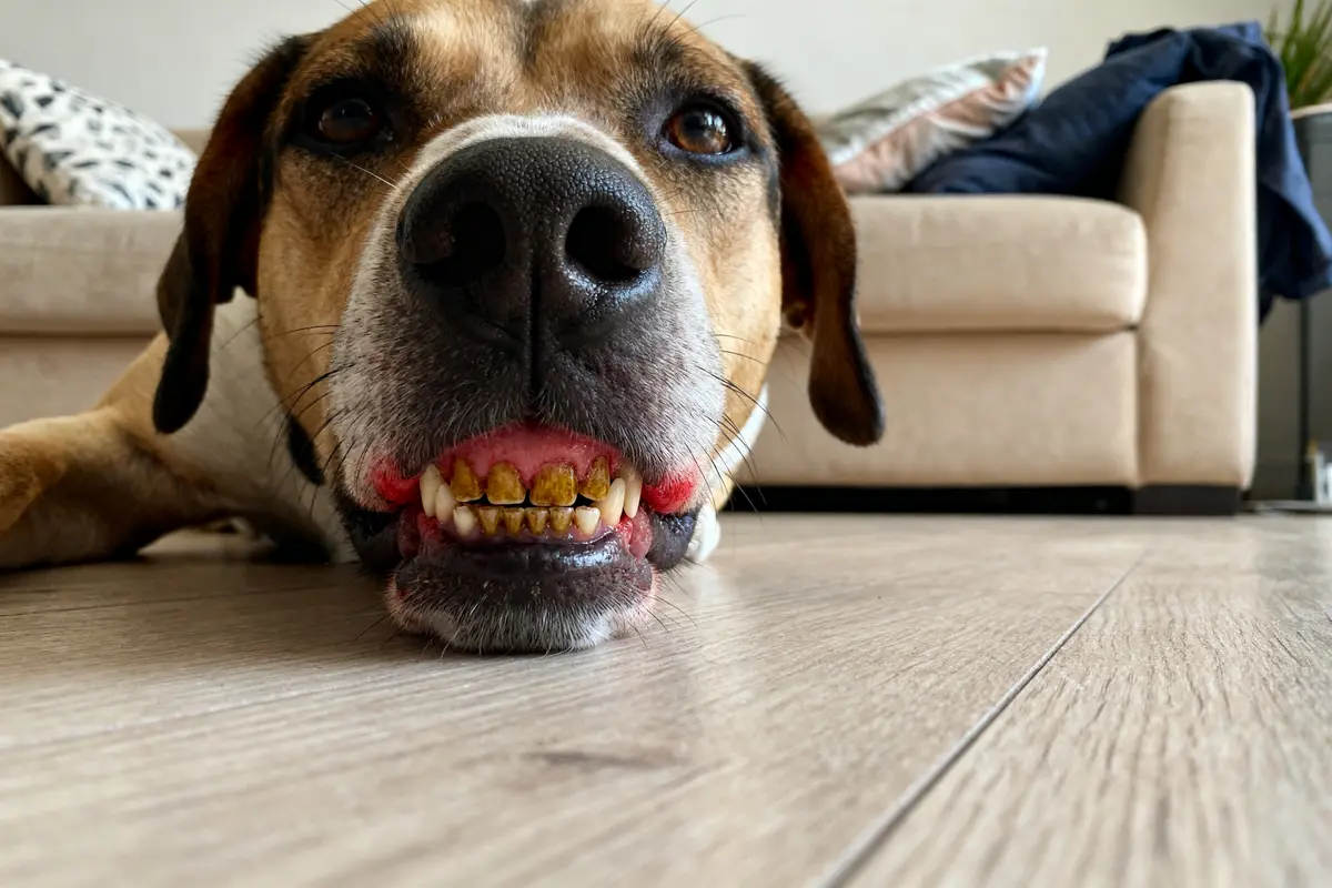 Gros plan d'un chien montrant des signes de gingivite sur sol en bois intérieur