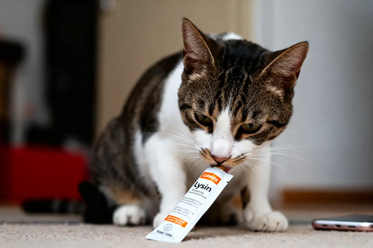 Chat dégustant un complément alimentaire à base de lysine pour chat sur le sol.