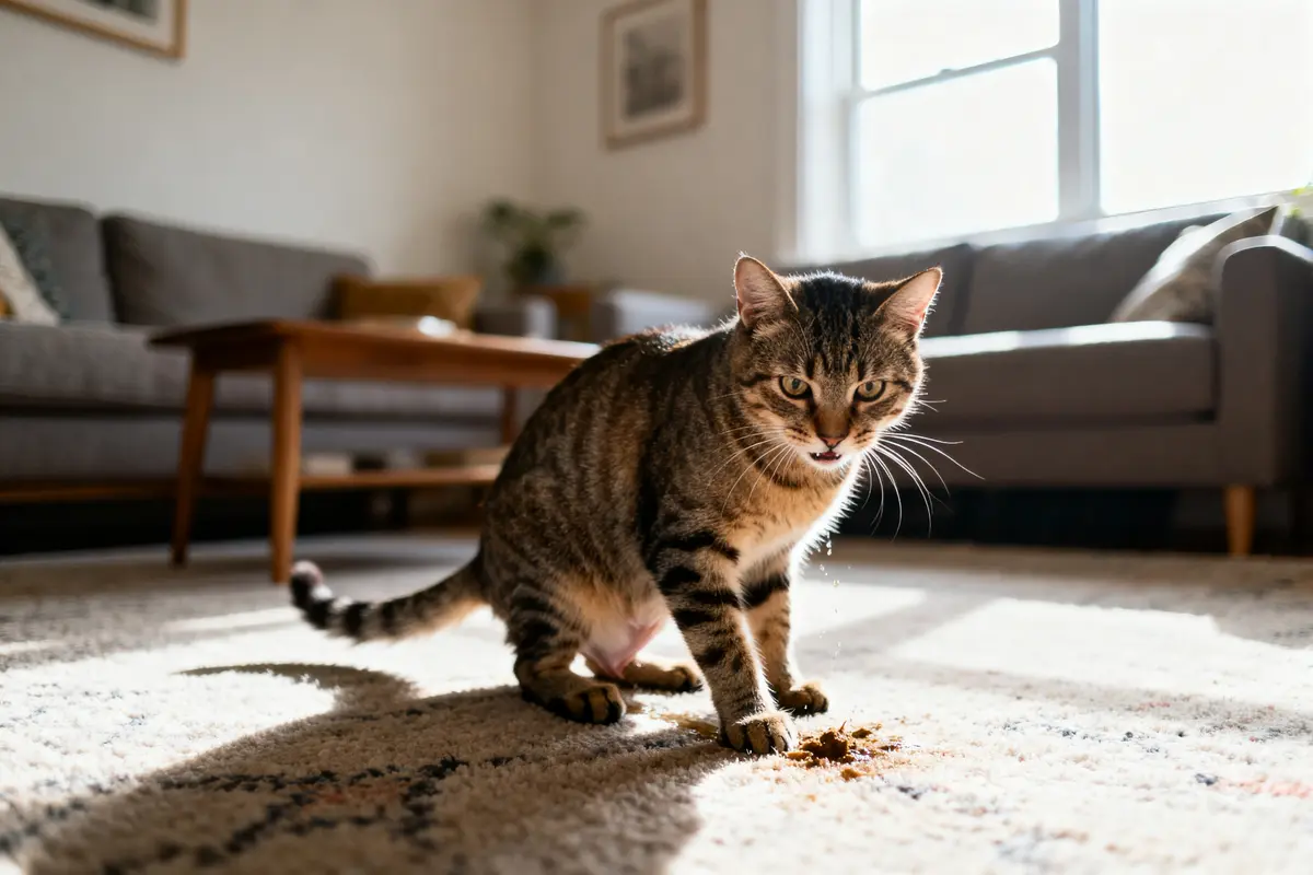 Chat tigré qui urine sur le tapis du salon, comportement de mon chat pipi partout