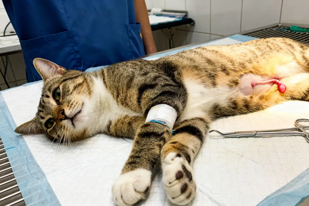 Chat allongé sur table vétérinaire après stérilisation de chat femelle en clinique.