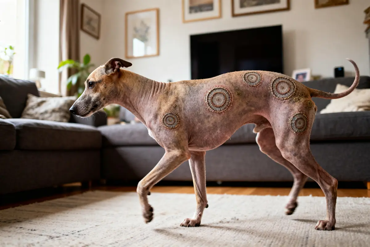Chien atteignant de teigne montrant des lésions circulaires sur son corps, photo en intérieur
