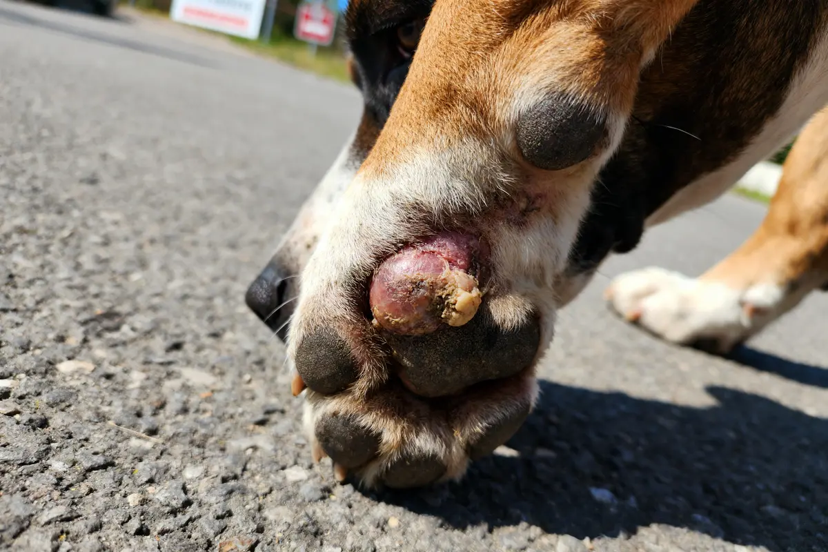 Vue rapprochée d'une patte de chien avec une tumeur visible en extérieur.