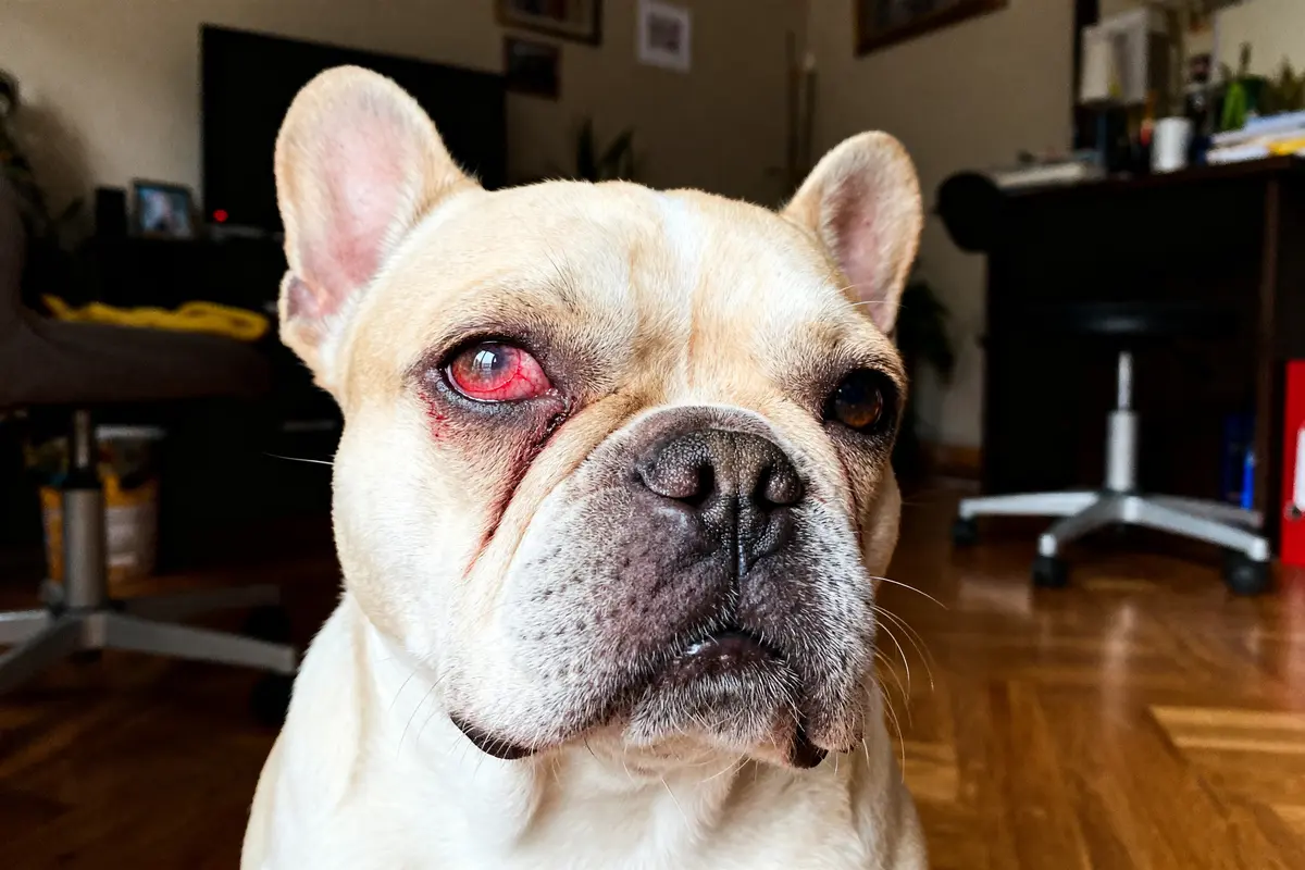 Chien avec un œil rouge indiquant un ulcère à l’œil dans un salon lumineux