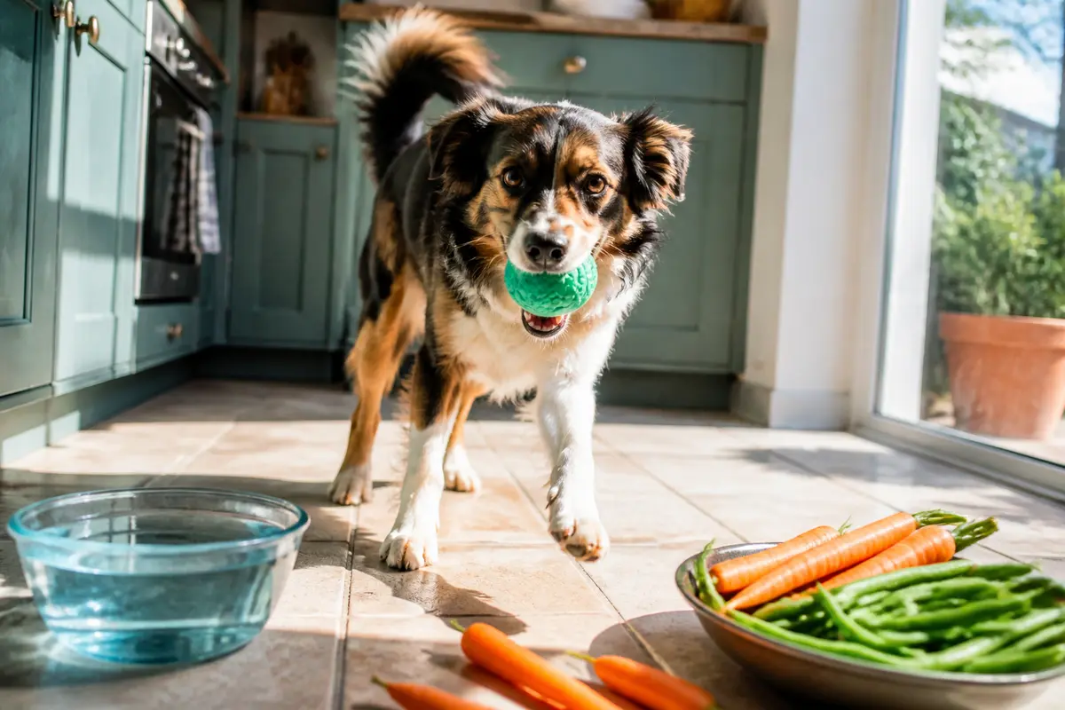 Chien dans cuisine lumineuse, tenant balle verte, avec bol d'eau et assiette de légumes frais.